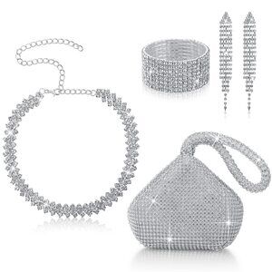 6312 4 Pcs Rhinestone Clutch Purse Jewelry Set Silver Evening Bags